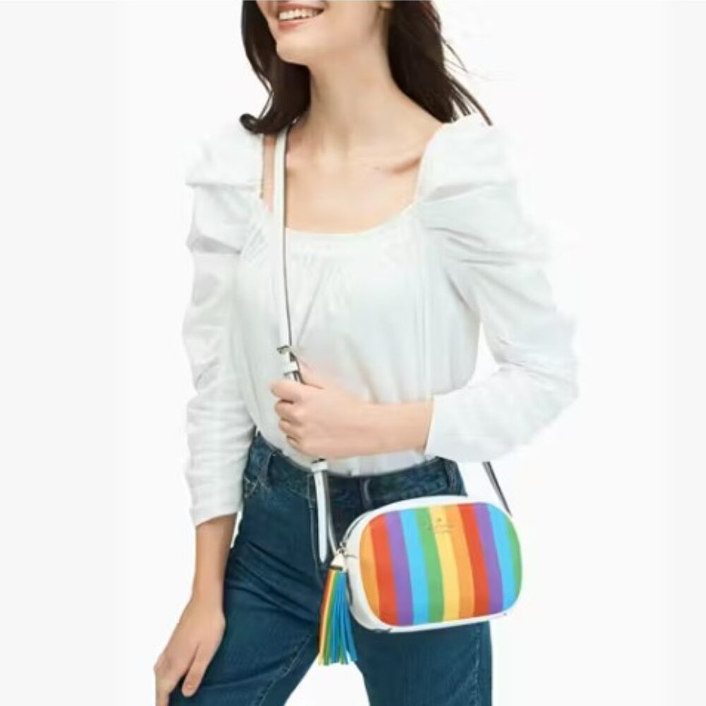 Kate Spade Kourtney Rainbow Stripe Camera Bag in Pebbled Leather